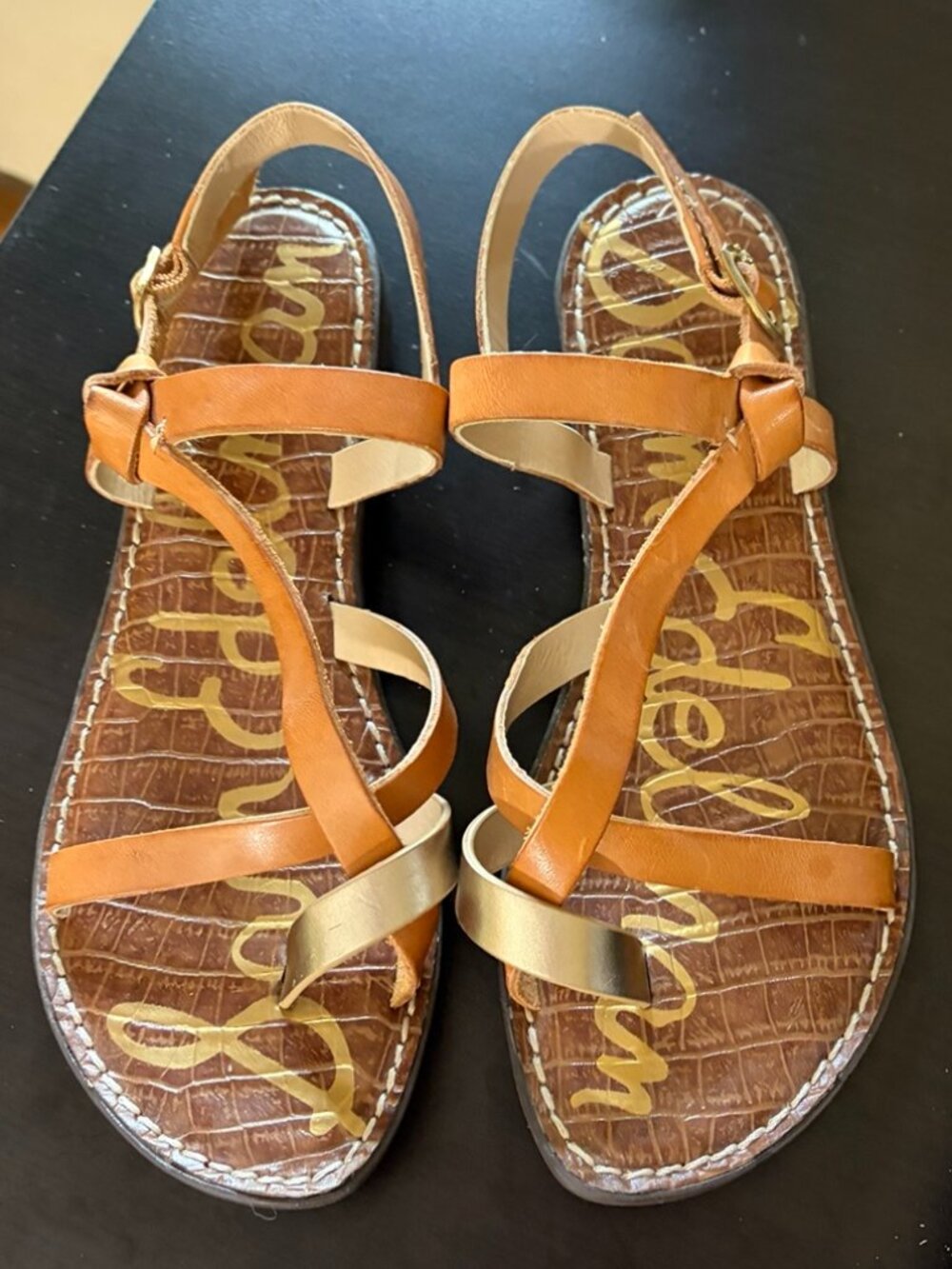 Sam Edelman Leather Strappy Flat Sandals Tan Gold Brown Size 7.5